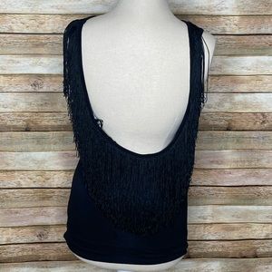 Bebe| Scoop Back Fringe Top| Black| Petite Small